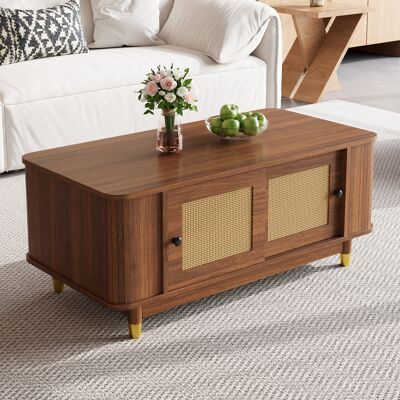 LEMONBEST Table Basse 100 X 50 X 42 Cm Avec Portes Coulissantes Effet Rotin Et Rangement, Mdf, Noyer - Publicité LEMONBEST Table Basse 100 X 50 X 42 Cm Avec Portes Coulissantes Effet Rotin Et Rangement, Mdf, Noyer - Publicité