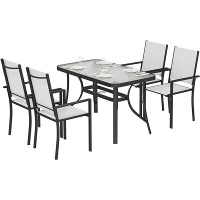 HEAT Ensemble De Jardin 5 Pièces Avec 4 Chaises Empilables Et Table En Verre Trempé Avec Trou Pour Parasol, Gris Clair - Publicité HEAT Ensemble De Jardin 5 Pièces Avec 4 Chaises Empilables Et Table En Verre Trempé Avec Trou Pour Parasol, Gris Clair - Publicité