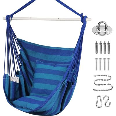 OEM Chaise Balançoire Chaise Grand Hamac En Coton Doux Avec Deux Coussins Oreiller Avec Sac À Main Intérieur/extérieur/chambre Terrasse Jardin Balcon, 150kg (bleues Rayures) - Publicité OEM Chaise Balançoire Chaise Grand Hamac En Coton Doux Avec Deux Coussins Oreiller Avec Sac À Main Intérieur/extérieur/chambre Terrasse Jardin Balcon, 150kg (bleues Rayures) - Publicité