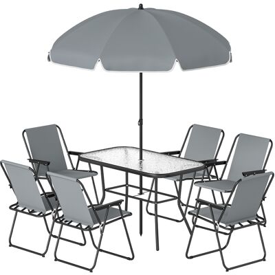 OEM Ensemble De Mobilier De Jardin, Salon De Jardin, Table En Verre 119 X 68 Cm Avec 6 Chaises Pliantes, Parasol, Motif Vagues, Gris - Publicité OEM Ensemble De Mobilier De Jardin, Salon De Jardin, Table En Verre 119 X 68 Cm Avec 6 Chaises Pliantes, Parasol, Motif Vagues, Gris - Publicité