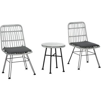 HEAT Ensemble De Jardin 3 Pièces En Rotin Pe Et Acier, Comprenant Une Table Basse Avec Plateau En Verre Et 2 Chaises, Idéal Pour Balcon, Terrasse Ou Jardin. Gris. Publicité HEAT Ensemble De Jardin 3 Pièces En Rotin Pe Et Acier, Comprenant Une Table Basse Avec Plateau En Verre Et 2 Chaises, Idéal Pour Balcon, Terrasse Ou Jardin. Gris. Publicité