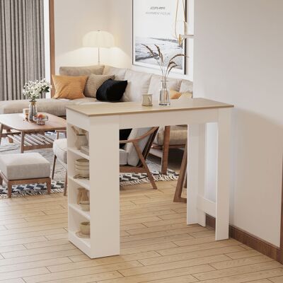 SANMINE HABITAT Table De Bar Pour 2 Personnes. Table Haute Mange Debout Avec 4 Étagères Ouvertes. 115x50x102.7cm. Blanc Et Bois Naturel - Publicité SANMINE HABITAT Table De Bar Pour 2 Personnes. Table Haute Mange Debout Avec 4 Étagères Ouvertes. 115x50x102.7cm. Blanc Et Bois Naturel - Publicité