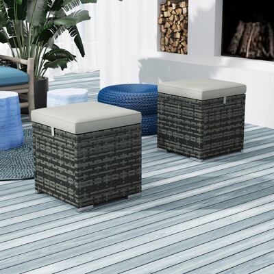 OEM Outsunny Lot De 2 Tabourets Avec Rangement En Rotin Pe - Repose-pied De Jardin Avec Coussin, 40x40x41cm, Gris Clair - Publicité OEM Outsunny Lot De 2 Tabourets Avec Rangement En Rotin Pe - Repose-pied De Jardin Avec Coussin, 40x40x41cm, Gris Clair - Publicité