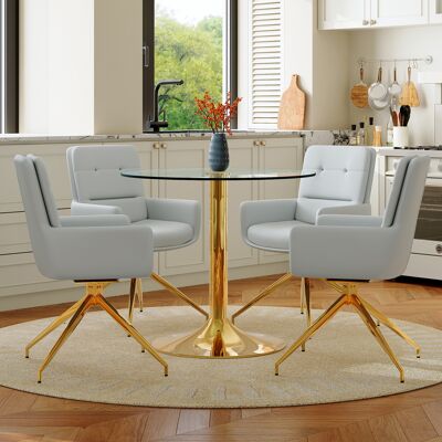 ARRIGONI Ensemble Table Et Chaises: Table Ronde En Verre Légèrement Luxueuse De 85 Cm De Diamètre Avec Structure De Support Métallique, Assortie À 4 Chaises De Salle À Manger En Pu Gris Clair Pivotantes À 360° - Publicité ARRIGONI Ensemble Table Et Chaises: Table Ronde En Verre Légèrement Luxueuse De 85 Cm De Diamètre Avec Structure De Support Métallique, Assortie À 4 Chaises De Salle À Manger En Pu Gris Clair Pivotantes À 360° - Publicité