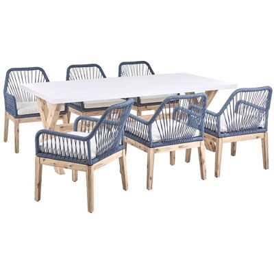 BELIANI Ensemble De Salle À Manger De Jardin Table En Béton Et Pieds En Bois 6 Chaises En Polypropylène Avec Coussins Blanc Et Bleu Marine Olbia - Publicité BELIANI Ensemble De Salle À Manger De Jardin Table En Béton Et Pieds En Bois 6 Chaises En Polypropylène Avec Coussins Blanc Et Bleu Marine Olbia - Publicité
