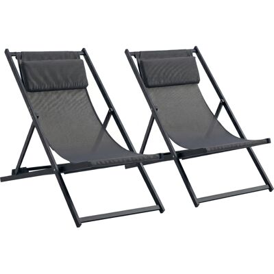 ARRIGONI Lot De 2 Bain De Soleil, Chaise Longue Pliante Avec Appuie-tête En Textilène Inclinable 60 X 100 X 85 Cm Gris Foncé - Publicité ARRIGONI Lot De 2 Bain De Soleil, Chaise Longue Pliante Avec Appuie-tête En Textilène Inclinable 60 X 100 X 85 Cm Gris Foncé - Publicité