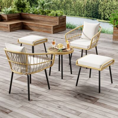 ACKERMAN Ensemble De Salon De Jardin 5 Pièces, Comprenant 1 Table À Manger, 2 Chaises Et 2 Tabourets, En Rotin Naturel. Publicité ACKERMAN Ensemble De Salon De Jardin 5 Pièces, Comprenant 1 Table À Manger, 2 Chaises Et 2 Tabourets, En Rotin Naturel. Publicité