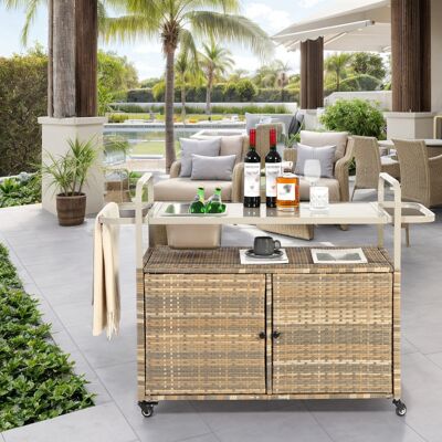 ACKERMAN Table De Bar D'Extérieur, Chariot De Bar En Osier Avec Rangement, Desserte De Terrasse Avec Plateau En Acier, Seau À Glace Inclus, Roulettes Verrouillables, Panier Latéral Pour Jardin, Piscine Et Cour - Publicité ACKERMAN Table De Bar D'Extérieur, Chariot De Bar En Osier Avec Rangement, Desserte De Terrasse Avec Plateau En Acier, Seau À Glace Inclus, Roulettes Verrouillables, Panier Latéral Pour Jardin, Piscine Et Cour - Publicité