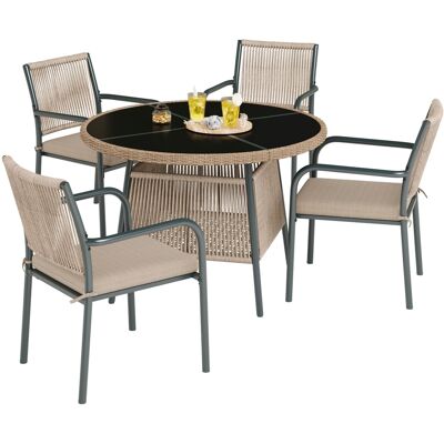ACKERMAN Ensemble De Mobilier De Jardin Moderne En Rotin, Comprenant Une Table Ronde En Verre Et Quatre Fauteuils, Avec Une Structure En Fer. Idéal Pour Une Terrasse, Un Balcon Ou Un Patio. Publicité ACKERMAN Ensemble De Mobilier De Jardin Moderne En Rotin, Comprenant Une Table Ronde En Verre Et Quatre Fauteuils, Avec Une Structure En Fer. Idéal Pour Une Terrasse, Un Balcon Ou Un Patio. Publicité