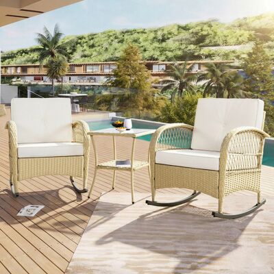 ACKERMAN Ensemble De Mobilier De Balcon En Rotin (3 Pièces), Fauteuil À Bascule Avec Coussins Beiges, Capacité De Charge 160 Kg - Publicité ACKERMAN Ensemble De Mobilier De Balcon En Rotin (3 Pièces), Fauteuil À Bascule Avec Coussins Beiges, Capacité De Charge 160 Kg - Publicité