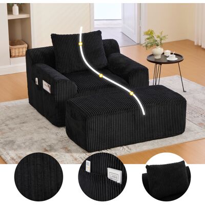 ACKERMAN Grand Fauteuil En Velours Côtelé Avec Repose-pieds, Poches Latérales Et Coussins, Capitonné Moelleux Sans Ossature, Emballage Individuel, Sans Montage, Idéal Pour Détente Ou Lecture (noir Côtelé) - Publicité ACKERMAN Grand Fauteuil En Velours Côtelé Avec Repose-pieds, Poches Latérales Et Coussins, Capitonné Moelleux Sans Ossature, Emballage Individuel, Sans Montage, Idéal Pour Détente Ou Lecture (noir Côtelé) - Publicité