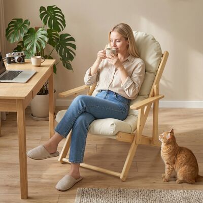 OEM Fauteuil De Salon Pliable Et Inclinable En Bois, Fauteuil Relax Confortable Avec Coussin Épais Capitonné - Publicité OEM Fauteuil De Salon Pliable Et Inclinable En Bois, Fauteuil Relax Confortable Avec Coussin Épais Capitonné - Publicité