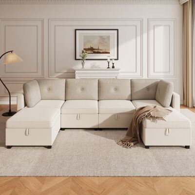 LEMONBEST Canapé U Modulable 6 Modules 261x132,5x85 Cm, Avec Rangements, Convertible L/u/lit/fauteuil, Velours Et Tissu Côtelé, Beige - Publicité LEMONBEST Canapé U Modulable 6 Modules 261x132,5x85 Cm, Avec Rangements, Convertible L/u/lit/fauteuil, Velours Et Tissu Côtelé, Beige - Publicité