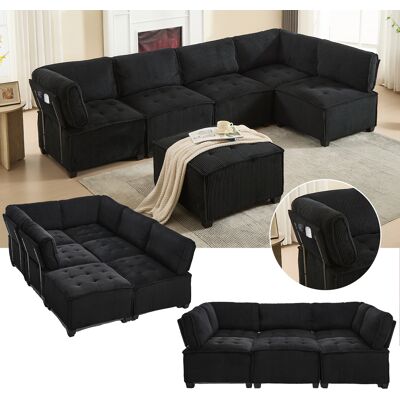 ACKERMAN Canapé Modulaire 6 Places De 308 Cm De Long, Tissu Cord, Ergonomique, Poches De Rangement, Librement Combinable En Forme De U/en L/canapé-lit, Structure Stable En Bois Et Métal, Montage Simple, Noir - Publicité ACKERMAN Canapé Modulaire 6 Places De 308 Cm De Long, Tissu Cord, Ergonomique, Poches De Rangement, Librement Combinable En Forme De U/en L/canapé-lit, Structure Stable En Bois Et Métal, Montage Simple, Noir - Publicité
