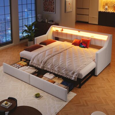 DEVOKO Lit De Jour Et Canapé-lit 90 X 200 Cm Beige Linge, Ports Usb / Type-c, Bande Led, Poches Rangement, Multifonctionnel, Sans Matelas - Publicité DEVOKO Lit De Jour Et Canapé-lit 90 X 200 Cm Beige Linge, Ports Usb / Type-c, Bande Led, Poches Rangement, Multifonctionnel, Sans Matelas - Publicité