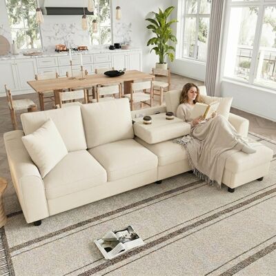ACKERMAN Canapé D'Angle Moderne En Chenille, Trois Places Avec Méridienne, Méridienne Avec Compartiment De Rangement Pliable, Dossier Rabattable Avec Porte-gobelet, Canapé Modulable Multifonctionnel, Beige, 28 - Publicité ACKERMAN Canapé D'Angle Moderne En Chenille, Trois Places Avec Méridienne, Méridienne Avec Compartiment De Rangement Pliable, Dossier Rabattable Avec Porte-gobelet, Canapé Modulable Multifonctionnel, Beige, 28 - Publicité