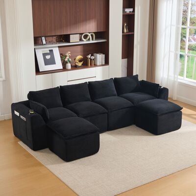 LEMONBEST Canapé 4 Places Modulable Avec 2 Repose-pieds, Tissu Velours Côtelé, Assise Mousse Et Ressorts, Rangements Latéraux - Noir - Publicité LEMONBEST Canapé 4 Places Modulable Avec 2 Repose-pieds, Tissu Velours Côtelé, Assise Mousse Et Ressorts, Rangements Latéraux - Noir - Publicité