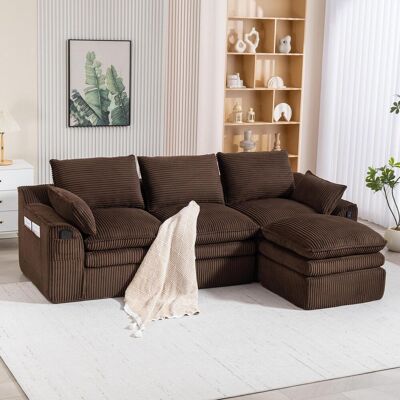 OEM Canapé Modulable Trois Places En Velours Côtelé (avec Repose-pieds) – Comprend Des Coussins De Dossier Et Deux Poches Latérales, - Publicité OEM Canapé Modulable Trois Places En Velours Côtelé (avec Repose-pieds) – Comprend Des Coussins De Dossier Et Deux Poches Latérales, - Publicité