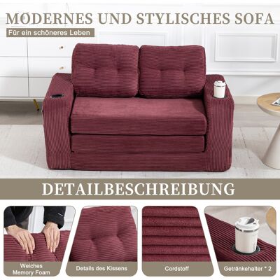 ALLAUVE Canapé 2 Places Velours Côtelé Rouge Vent, Sofa Convertible Avec Double Assise, Pouf Sans Cadre, Porte-gobelets Et Poches Latérales, Grand Fauteuil À Coussins Matelassés Et Dossier - Publicité ALLAUVE Canapé 2 Places Velours Côtelé Rouge Vent, Sofa Convertible Avec Double Assise, Pouf Sans Cadre, Porte-gobelets Et Poches Latérales, Grand Fauteuil À Coussins Matelassés Et Dossier - Publicité
