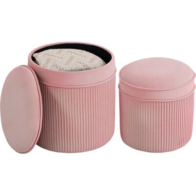 ARRIGONI Set De 2 Poufs Repose-pieds Ronds Empilables Et Rembourres Avec Revetement En Velours Coffre De Rangement 34.8l Rose - Publicité ARRIGONI Set De 2 Poufs Repose-pieds Ronds Empilables Et Rembourres Avec Revetement En Velours Coffre De Rangement 34.8l Rose - Publicité