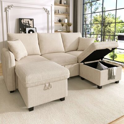 LEMONBEST Canapé D’angle Modulable 3 Places Beige En Chenille, Canapé Convertible Avec 2 Poufs Coffre, Tiroirs De Rangement Et Fonction Couchage - Publicité LEMONBEST Canapé D’angle Modulable 3 Places Beige En Chenille, Canapé Convertible Avec 2 Poufs Coffre, Tiroirs De Rangement Et Fonction Couchage - Publicité