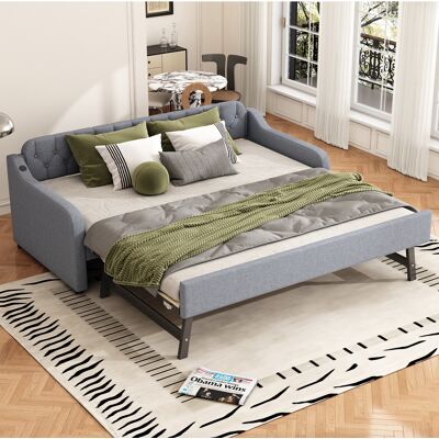 ACKERMAN Canapé-lit 90 X 200 Cm, Lit De Jour, Avec Lit Roulant Extractible, Port Usb, Gris - Publicité ACKERMAN Canapé-lit 90 X 200 Cm, Lit De Jour, Avec Lit Roulant Extractible, Port Usb, Gris - Publicité