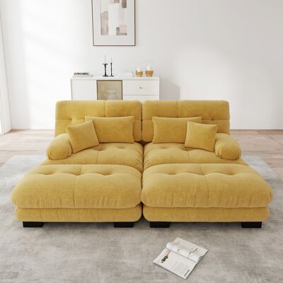 ARRIGONI Canapé D'Angle Nuage Pour Salon, Canapé Double En Chenille Avec 2 Coussins Lombaires Et 2 Coussins Décoratifs, Canapé Rembourré À Larges Accoudoirs Et 2 Ottomans, Jaune - Publicité ARRIGONI Canapé D'Angle Nuage Pour Salon, Canapé Double En Chenille Avec 2 Coussins Lombaires Et 2 Coussins Décoratifs, Canapé Rembourré À Larges Accoudoirs Et 2 Ottomans, Jaune - Publicité