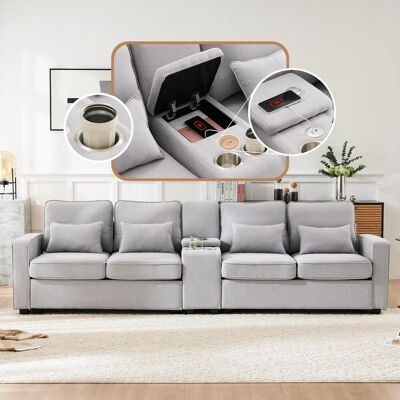 OEM Canapé Moderne Quatre Places, Revêtu De Lin, Avec Console, Deux Porte-gobelets, Deux Ports De Chargement Usb Avec Câbles, Poches Dans Les Accoudoirs Et Quatre Coussins Design Minimaliste, - Publicité OEM Canapé Moderne Quatre Places, Revêtu De Lin, Avec Console, Deux Porte-gobelets, Deux Ports De Chargement Usb Avec Câbles, Poches Dans Les Accoudoirs Et Quatre Coussins Design Minimaliste, - Publicité