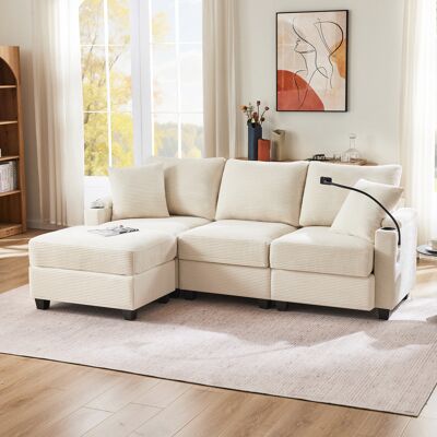 ARRIGONI Canapé D'Angle En L, Canapé Convertible 3 Places Avec Pouf Repose-pieds, Porte-gobelet, Chargeur Usb, Tablette D'Accoudoir Et 2 Coussins, Adapté Au Salon/bureau/appartement, Beige - Publicité ARRIGONI Canapé D'Angle En L, Canapé Convertible 3 Places Avec Pouf Repose-pieds, Porte-gobelet, Chargeur Usb, Tablette D'Accoudoir Et 2 Coussins, Adapté Au Salon/bureau/appartement, Beige - Publicité