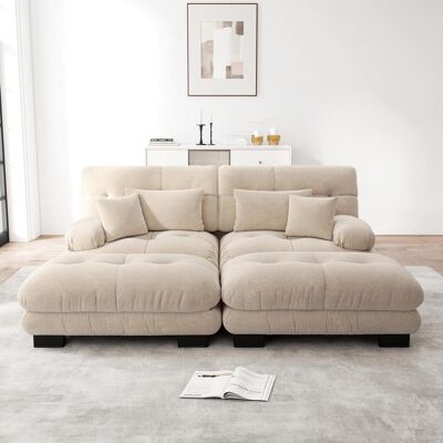 OEM Canapé D'Angle Cloud Pour Salon, Canapé Deux Places En Chenille Marron Clair Avec 2 Coussins Lombaires Et 2 Coussins Décoratifs, Canapé Capitonné Avec Larges Accoudoirs Et 2 Poufs. Publicité OEM Canapé D'Angle Cloud Pour Salon, Canapé Deux Places En Chenille Marron Clair Avec 2 Coussins Lombaires Et 2 Coussins Décoratifs, Canapé Capitonné Avec Larges Accoudoirs Et 2 Poufs. Publicité