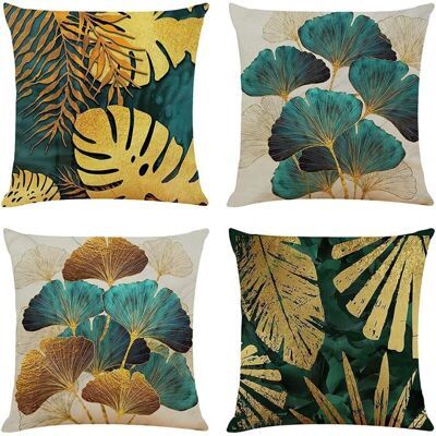 OEM Lot De 4 Housses De Coussin 45x45 Cm Carrées – Lin Écologique – Motif Gingko Vert Et Doré – Fermeture Éclair Invisible - Publicité OEM Lot De 4 Housses De Coussin 45x45 Cm Carrées – Lin Écologique – Motif Gingko Vert Et Doré – Fermeture Éclair Invisible - Publicité