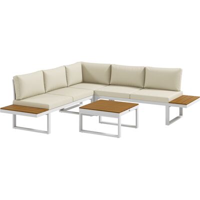 OEM Set Terrasse Complet Avec 2 Canapés Doubles Et 1 Canapé D'Angle Inclinable, Table Centrale Avec Coussins Épais, De Couleur Crème. Publicité OEM Set Terrasse Complet Avec 2 Canapés Doubles Et 1 Canapé D'Angle Inclinable, Table Centrale Avec Coussins Épais, De Couleur Crème. Publicité