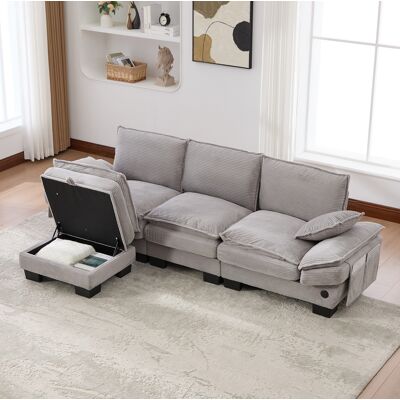 BEAOK Canapé Modulaire 3 Places En Velours Côtelé Gris Clair Avec Pouf, Usb-c, 260 X 132 X 84 Cm - Publicité BEAOK Canapé Modulaire 3 Places En Velours Côtelé Gris Clair Avec Pouf, Usb-c, 260 X 132 X 84 Cm - Publicité