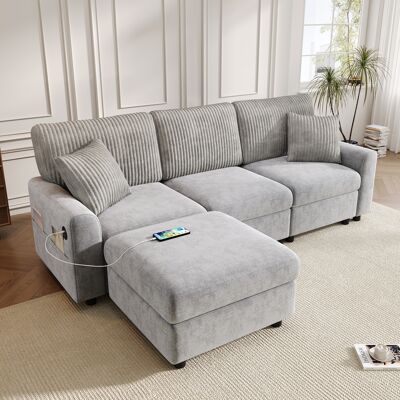 ACKERMAN Canapé Moderne Avec Un Repose-pieds, Deux Coussins Carrés, Un Port Usb Et Un Port Type-c Gris 223×84×146cm. Publicité ACKERMAN Canapé Moderne Avec Un Repose-pieds, Deux Coussins Carrés, Un Port Usb Et Un Port Type-c Gris 223×84×146cm. Publicité