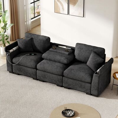 OEM Ce Canapé Trois Places Moderne, Revêtu De Tissu Chenille, Est Doté De Coussins, D'Une Tablette Rabattable, De Ports Usb, D'Un Porte-gobelet Et D'Un Espace De Rangement. Polyvalent, - Publicité OEM Ce Canapé Trois Places Moderne, Revêtu De Tissu Chenille, Est Doté De Coussins, D'Une Tablette Rabattable, De Ports Usb, D'Un Porte-gobelet Et D'Un Espace De Rangement. Polyvalent, - Publicité
