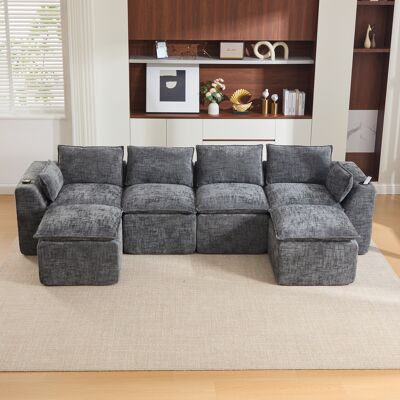 LEMONBEST Canapé Modulable 4 Places 322x161x75 Cm, Avec 2 Poufs, Coussins, Porte-gobelet Et Poches Latérales Pour Salon, Chenille, Gris - Publicité LEMONBEST Canapé Modulable 4 Places 322x161x75 Cm, Avec 2 Poufs, Coussins, Porte-gobelet Et Poches Latérales Pour Salon, Chenille, Gris - Publicité