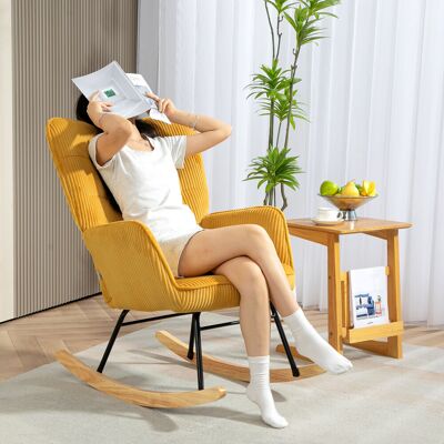 ALLAUVE Fauteuil Balançoire Berbère Jaune, Chaise Lounge À Bascule Avec Accoudoirs, Patins En Bois, Fauteuil Relax Pour Salon Et Chambre À Coucher - Publicité ALLAUVE Fauteuil Balançoire Berbère Jaune, Chaise Lounge À Bascule Avec Accoudoirs, Patins En Bois, Fauteuil Relax Pour Salon Et Chambre À Coucher - Publicité