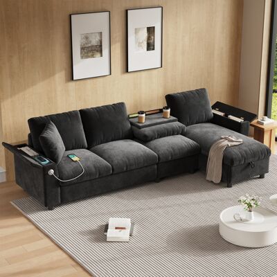 LEMONBEST Canapé D’angle Réversible 4 Places Gris En Chenille, Canapé En L Avec Accoudoirs De Rangement, Tablette Rabattable, Porte-gobelets, Usb Et Usb-c - Publicité LEMONBEST Canapé D’angle Réversible 4 Places Gris En Chenille, Canapé En L Avec Accoudoirs De Rangement, Tablette Rabattable, Porte-gobelets, Usb Et Usb-c - Publicité