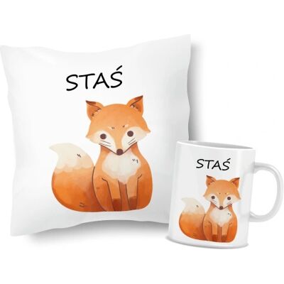 OEM Ensemble Coussin Et Tasse Renard, Renard Avec Prénom - Publicité OEM Ensemble Coussin Et Tasse Renard, Renard Avec Prénom - Publicité