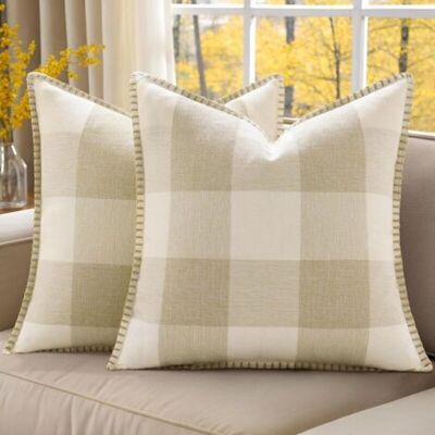 OEM Lot De 2 Housses De Coussin Décoratives À Carreaux 45 X 45 Cm En Lin Style Ferme Avec Bordure Cousue Pour Lit Canapé Canapé Beige - Publicité OEM Lot De 2 Housses De Coussin Décoratives À Carreaux 45 X 45 Cm En Lin Style Ferme Avec Bordure Cousue Pour Lit Canapé Canapé Beige - Publicité