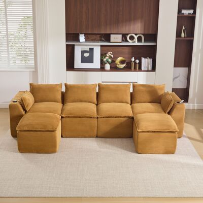 LEMONBEST Canapé 4 Places Modulable Avec 2 Repose-pieds, Tissu Velours Côtelé, Assise Mousse Et Ressorts, Rangements Latéraux - Orange - Publicité LEMONBEST Canapé 4 Places Modulable Avec 2 Repose-pieds, Tissu Velours Côtelé, Assise Mousse Et Ressorts, Rangements Latéraux - Orange - Publicité