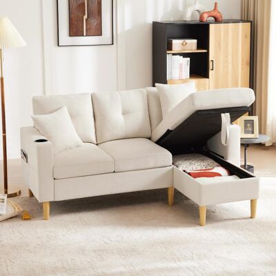 OEM Ce Canapé D'Angle Moderne Trois Places Comprend Une Méridienne, Un Espace De Rangement, Un Porte-gobelet Intégré Et Deux Coussins. Il Convient Aux Salons, Bureaux, - Publicité OEM Ce Canapé D'Angle Moderne Trois Places Comprend Une Méridienne, Un Espace De Rangement, Un Porte-gobelet Intégré Et Deux Coussins. Il Convient Aux Salons, Bureaux, - Publicité