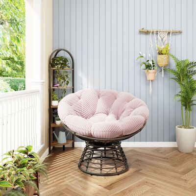 MIDUODUO Fauteuil Papasan Osier Pivotant 360° Coussin Rose Velours Côtelé Cadre Marron,style Cosy Salon Chambre Et Lecture. Publicité MIDUODUO Fauteuil Papasan Osier Pivotant 360° Coussin Rose Velours Côtelé Cadre Marron,style Cosy Salon Chambre Et Lecture. Publicité