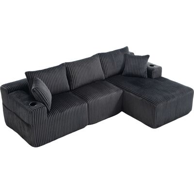 ALMASTORE Canapé Modulaire 3 Places En Velours Côtelé Gris Avec Méridienne Et Coussins - Publicité ALMASTORE Canapé Modulaire 3 Places En Velours Côtelé Gris Avec Méridienne Et Coussins - Publicité