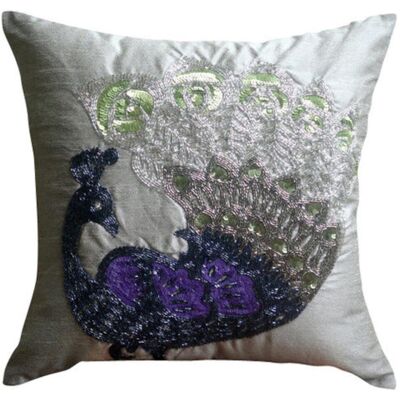 OEM Housse De Coussin Décorative En Soie Carrée, Ornée De Perles Argentées, Motif Floral Paon, 50 X 50 Cm (20 X 20 Pouces), Style Traditionnel - Paon Dansant Argenté - Publicité OEM Housse De Coussin Décorative En Soie Carrée, Ornée De Perles Argentées, Motif Floral Paon, 50 X 50 Cm (20 X 20 Pouces), Style Traditionnel - Paon Dansant Argenté - Publicité