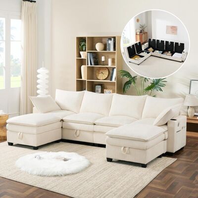 OEM Ce Canapé D'Angle Moderne Est Revêtu De Velours Côtelé Et Comprend Un Pouf Amovible, Des Ports Usb, Des Rangements Et Un Porte-gobelet. Sa Conception Modulable Le Rend Idéal Pour Les Salons, - Publicité OEM Ce Canapé D'Angle Moderne Est Revêtu De Velours Côtelé Et Comprend Un Pouf Amovible, Des Ports Usb, Des Rangements Et Un Porte-gobelet. Sa Conception Modulable Le Rend Idéal Pour Les Salons, - Publicité