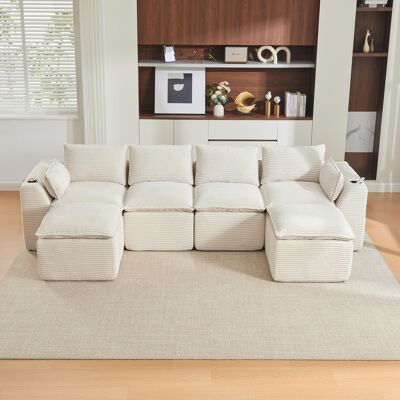LEMONBEST Canapé Modulable 4 Places 322 X 161 X 75cm Avec Poufs 2 Poches Range Boissons Pour Salons Bureaux Velours Côtelé Beige - Publicité LEMONBEST Canapé Modulable 4 Places 322 X 161 X 75cm Avec Poufs 2 Poches Range Boissons Pour Salons Bureaux Velours Côtelé Beige - Publicité