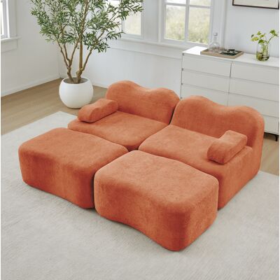 BEAOK Canapé Modulaire 2 Places En Velours Orange Avec 2 Ottomans, Sans Structure Interne - Publicité BEAOK Canapé Modulaire 2 Places En Velours Orange Avec 2 Ottomans, Sans Structure Interne - Publicité