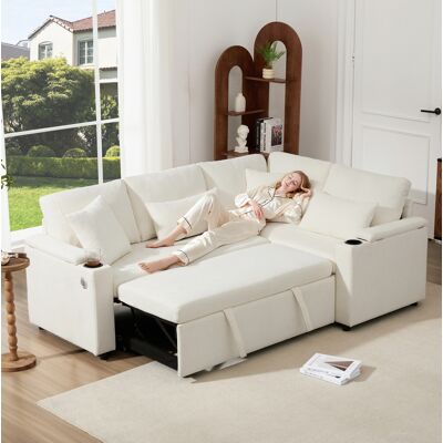 BEAOK Canapé D’angle Convertible En Chenille Beige 206,5x141x86 Cm, Méridienne Droite Fixe, Rangement Et Port Usb - Publicité BEAOK Canapé D’angle Convertible En Chenille Beige 206,5x141x86 Cm, Méridienne Droite Fixe, Rangement Et Port Usb - Publicité