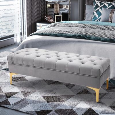 OEM Homcom Banc Banquette Capitonnée Bout De Lit Style Classique Chic Dim. 118l X 45l X 42h Cm Piètement Métal Doré Velours Gris Clair - Publicité OEM Homcom Banc Banquette Capitonnée Bout De Lit Style Classique Chic Dim. 118l X 45l X 42h Cm Piètement Métal Doré Velours Gris Clair - Publicité